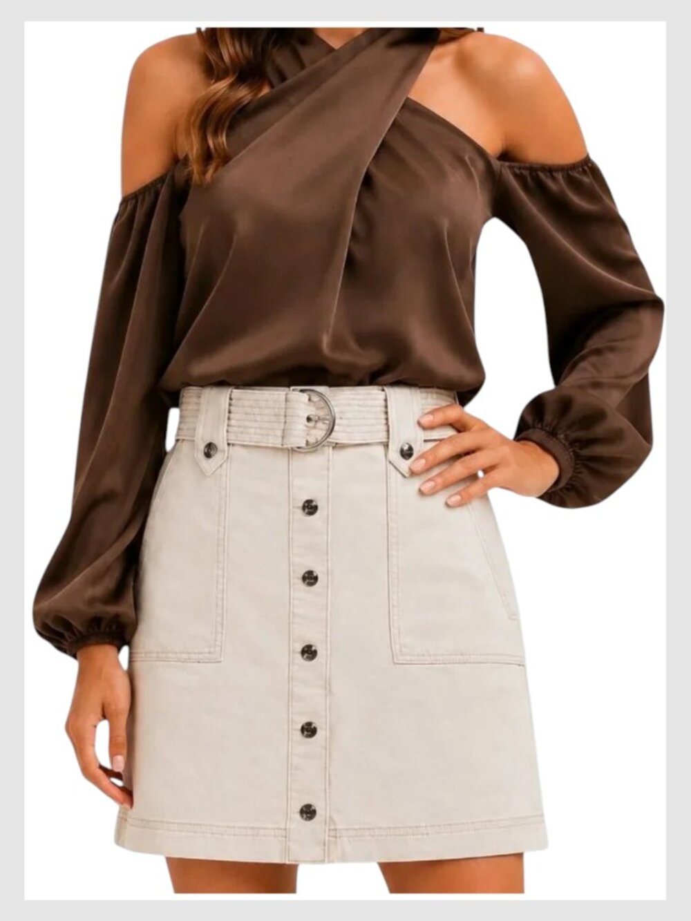 White House Black Market Utility Boot Skirt Beige Button Front Belted 00 XS